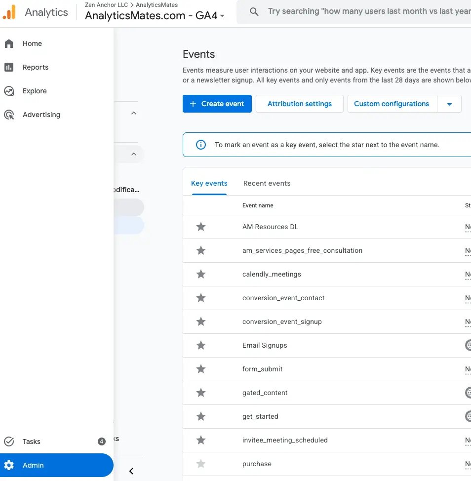 Google Analytics with the Admin gear highlighted in the left navigation.