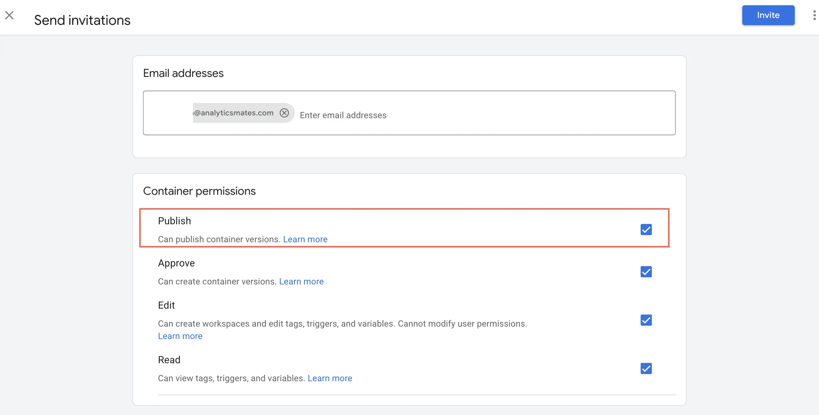 GTM invite screen with container permission options.
