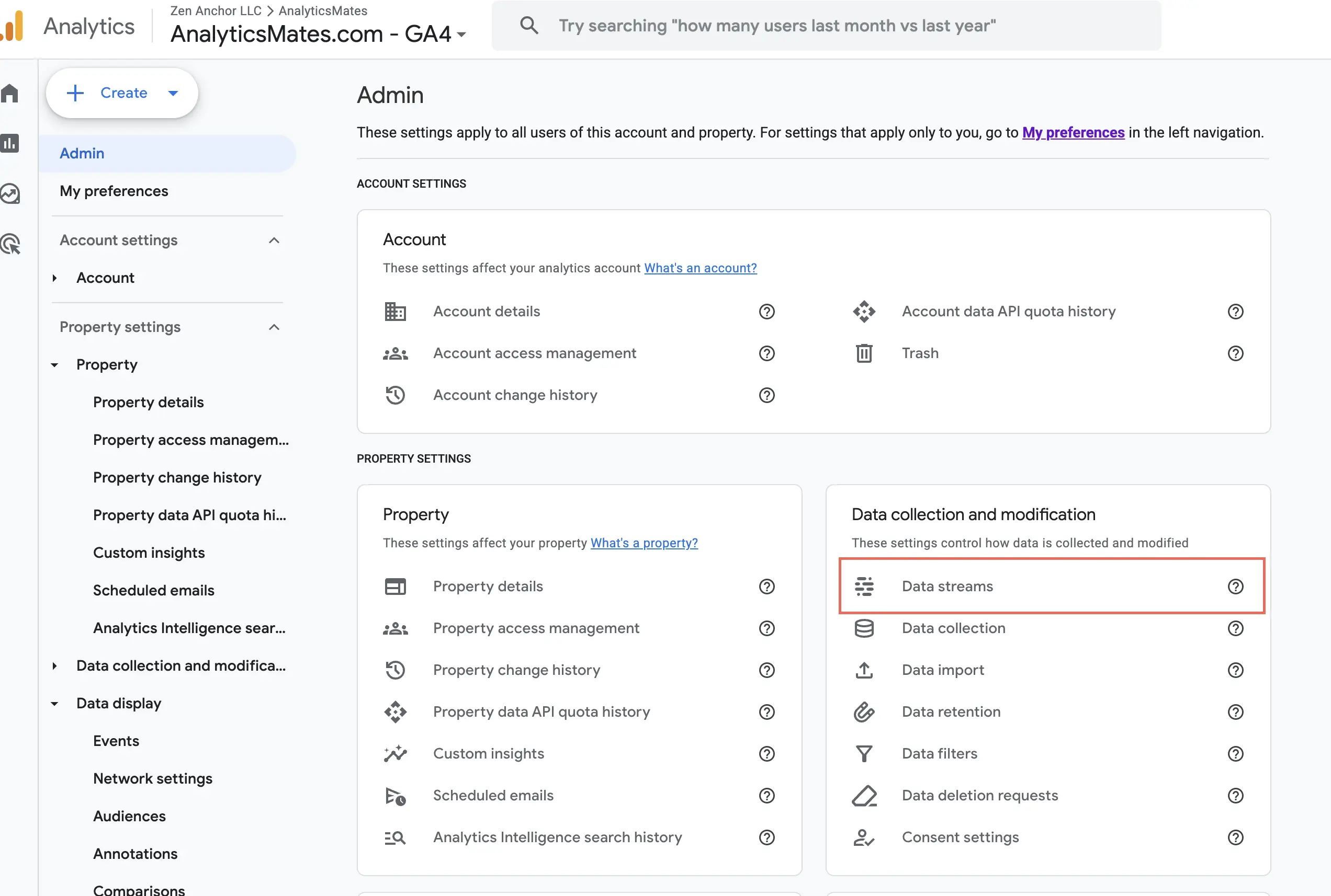 GA4 Admin with Data streams highlighted.