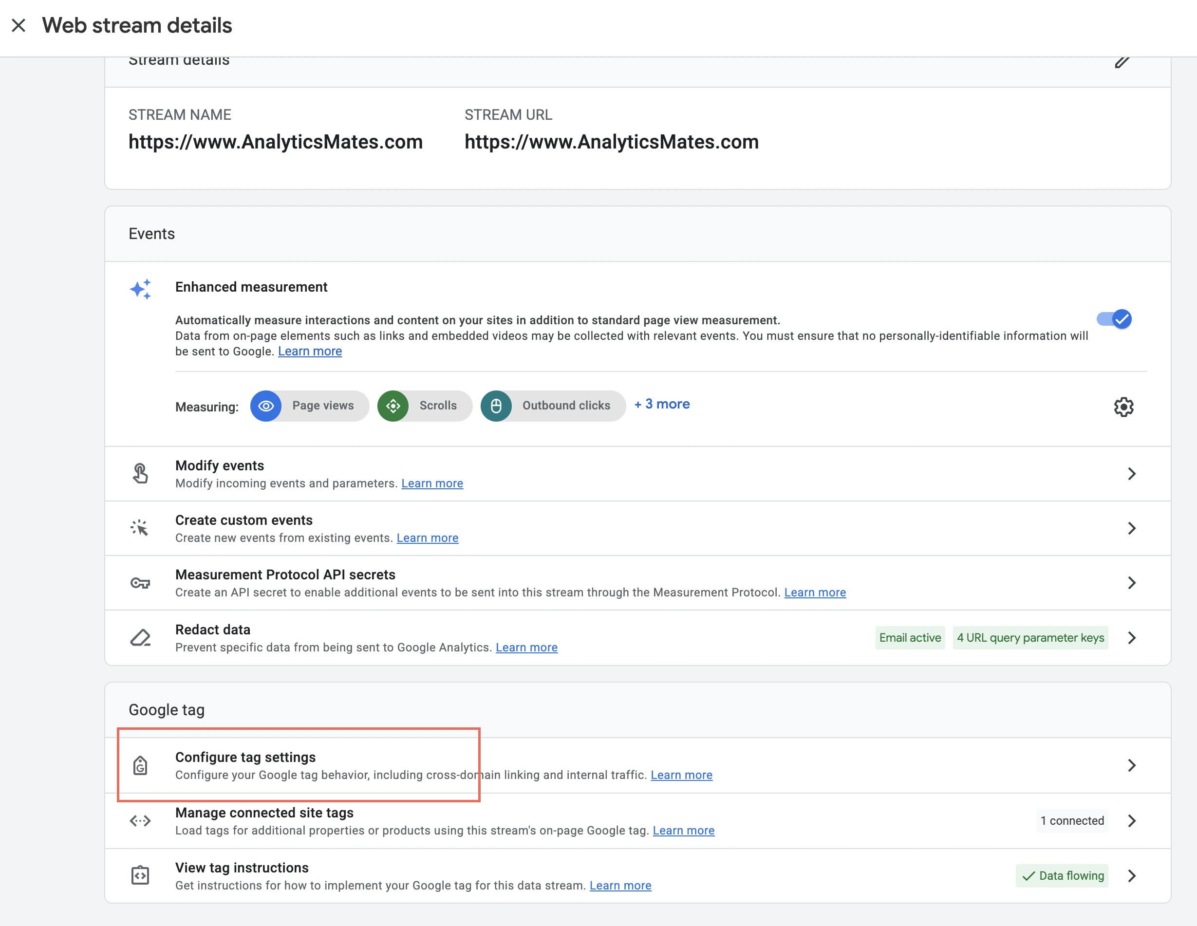 GA4 web stream with Configure tag settings highlighted.