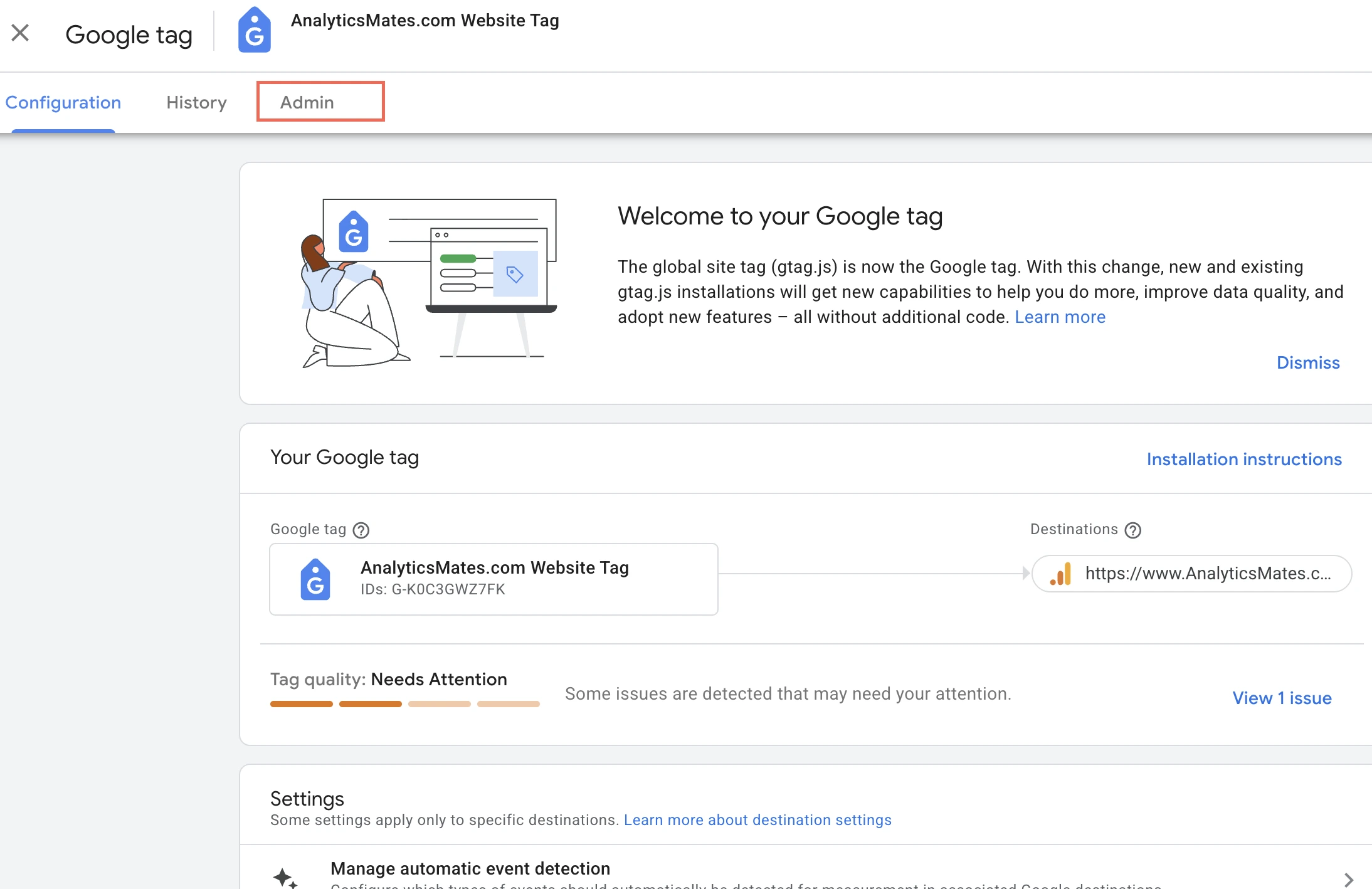 Google tag settings with the Admin tab highlighted.