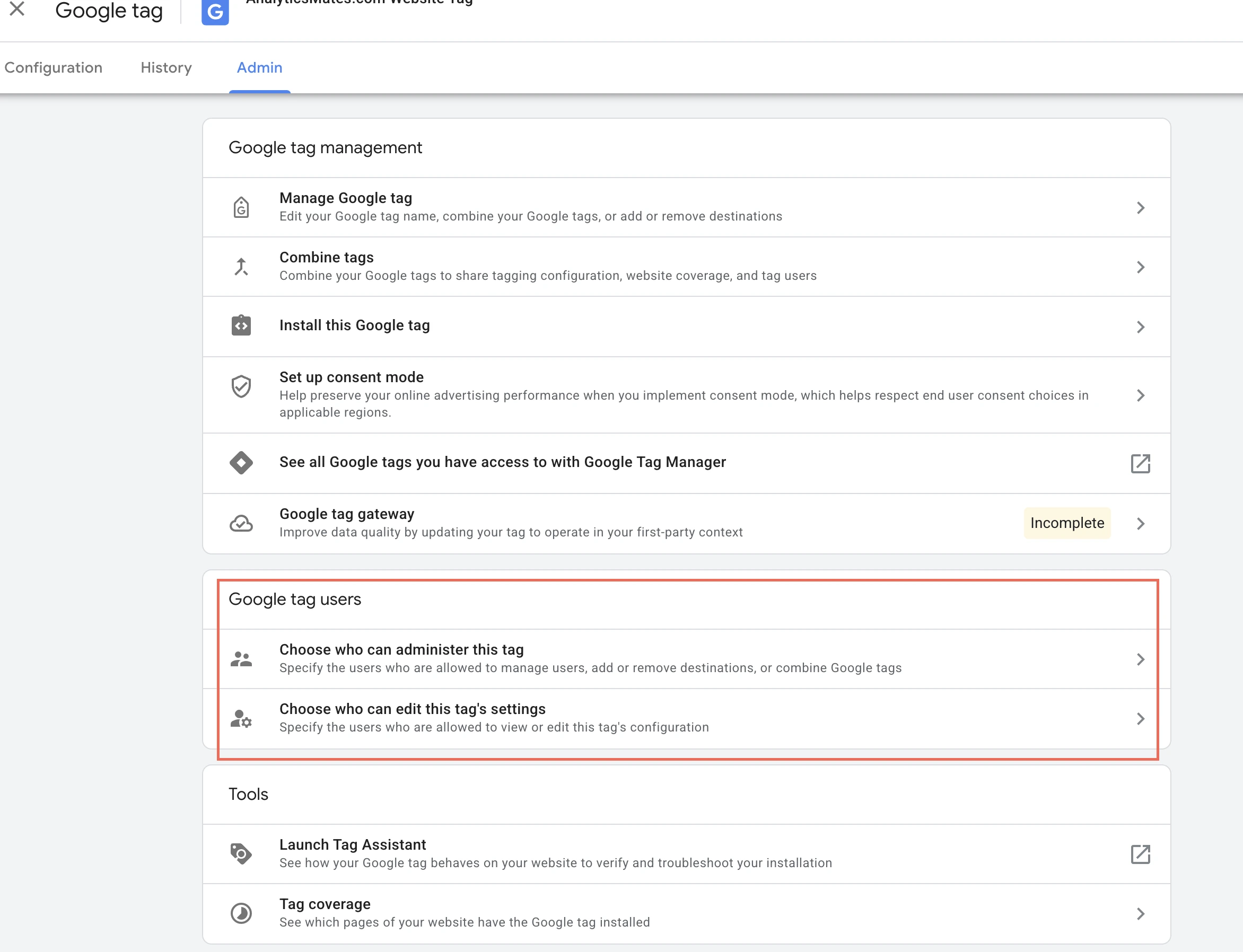 Google tag Admin with the two access options: administer this tag, and edit this tag’s settings.