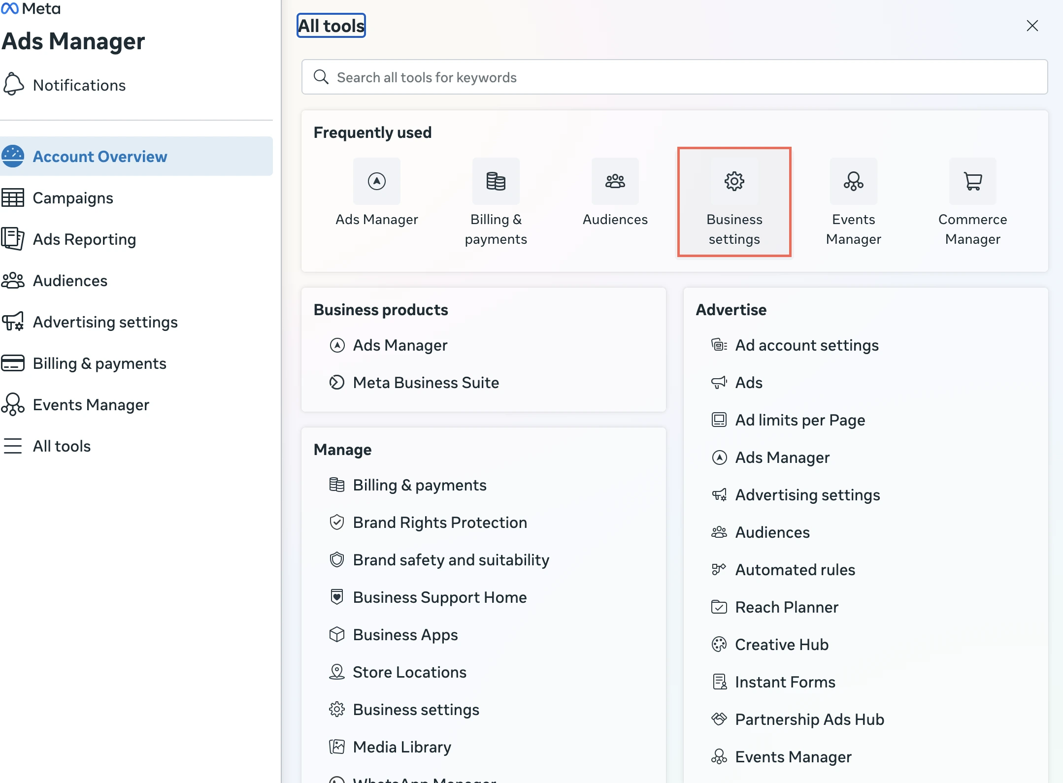 Meta All tools with Business settings highlighted.