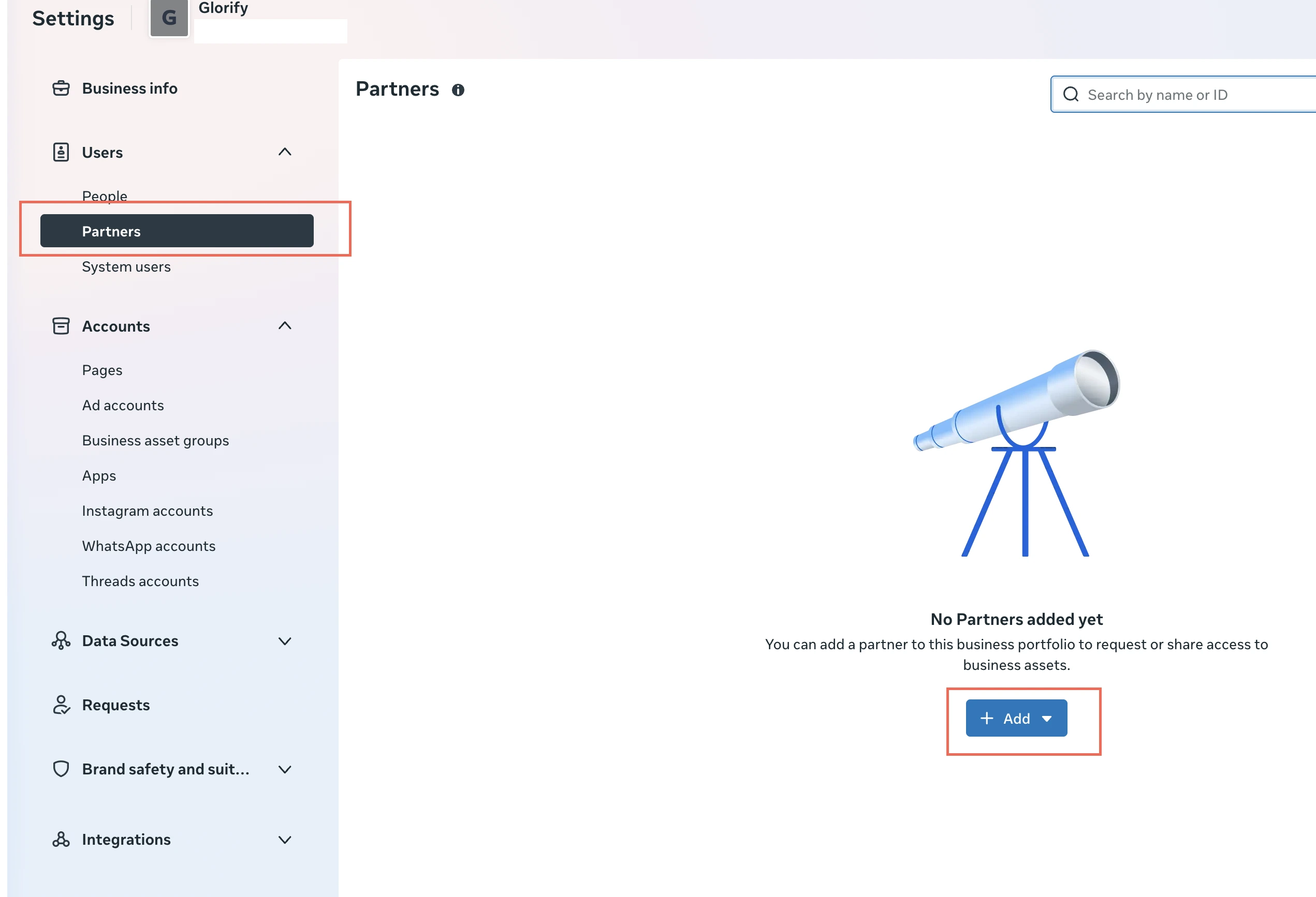 Meta Business settings with Partners highlighted.