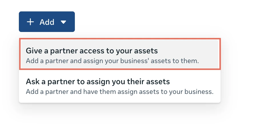 Meta partner flow with Give a partner access to your assets selected.