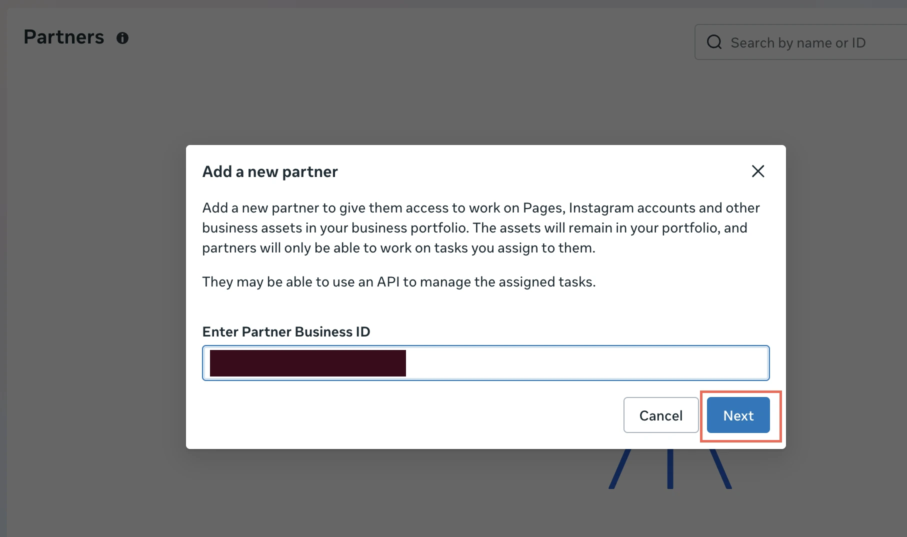 Meta partner invite with the Business Portfolio ID field.