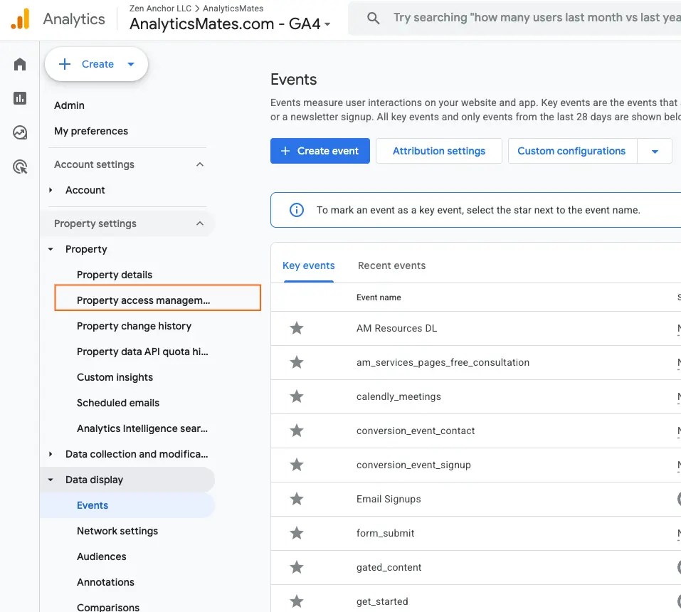 Google Analytics Admin with Property access management highlighted.