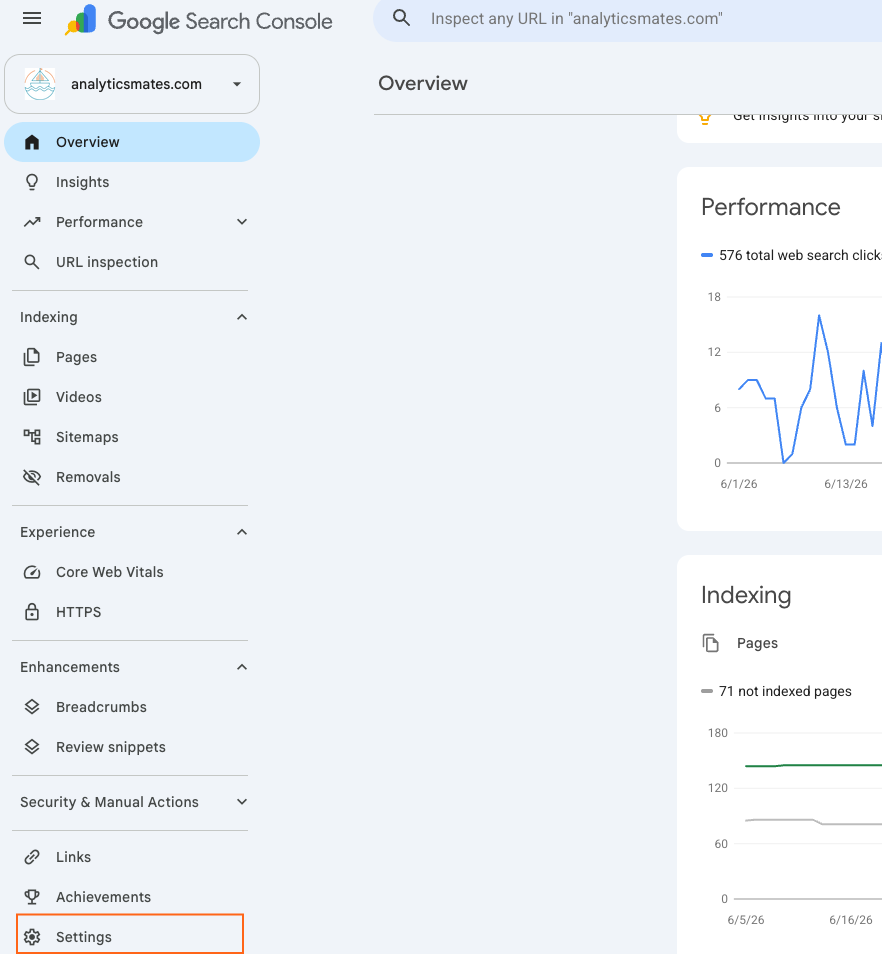 Google Search Console with Settings highlighted.