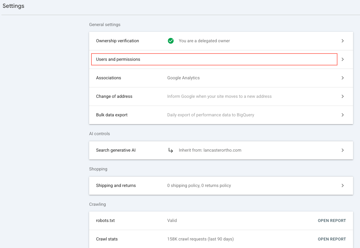 Search Console Settings with Users and permissions highlighted.