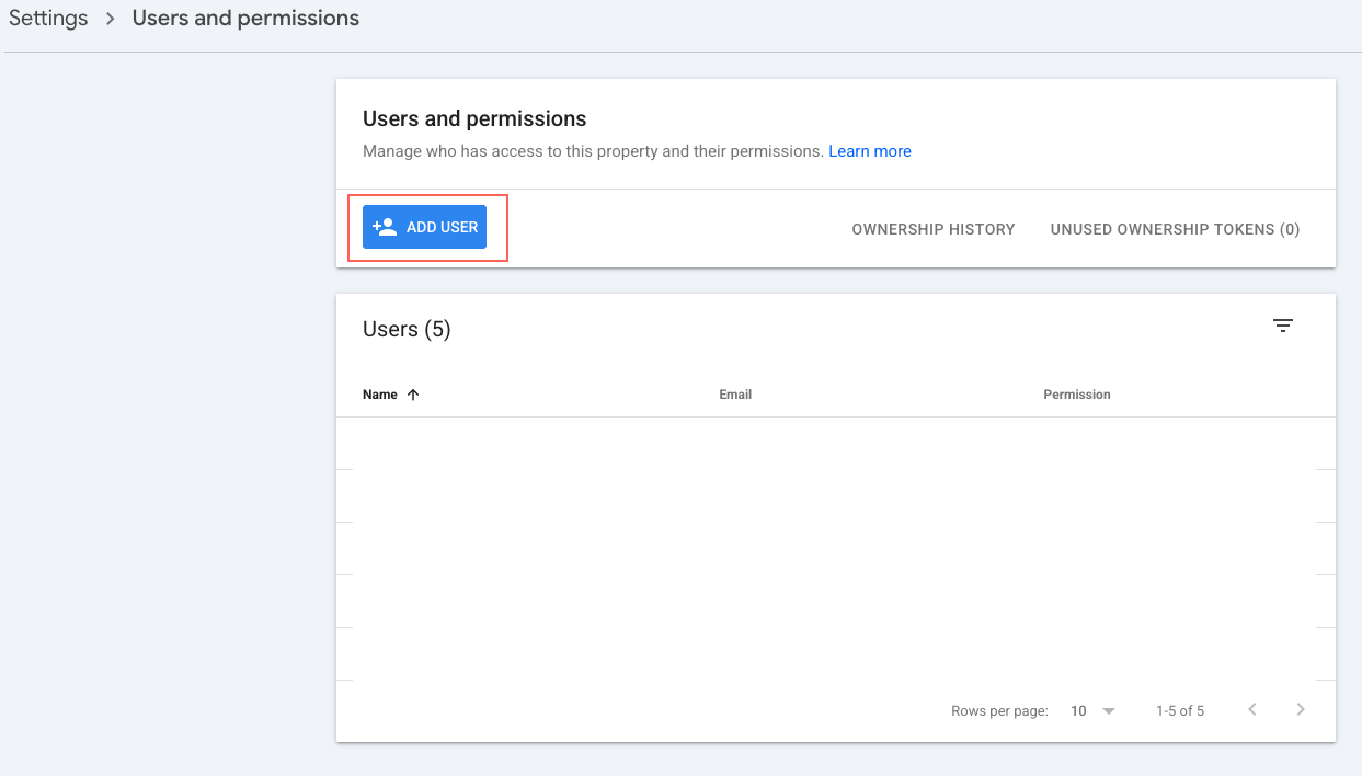 Search Console Users and permissions with Add user highlighted.