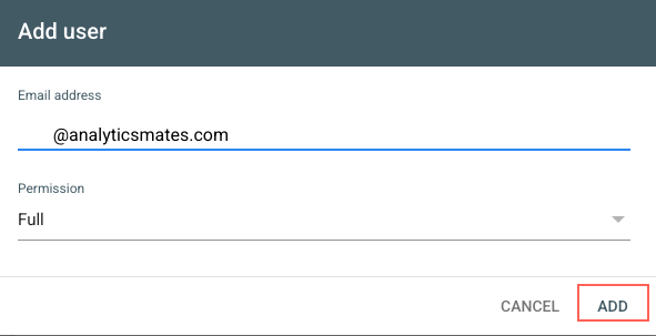 Search Console add-user dialog with permission level and Add highlighted.