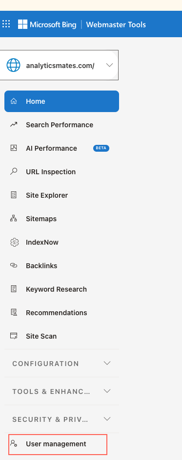 Bing Webmaster Tools with User Management highlighted.