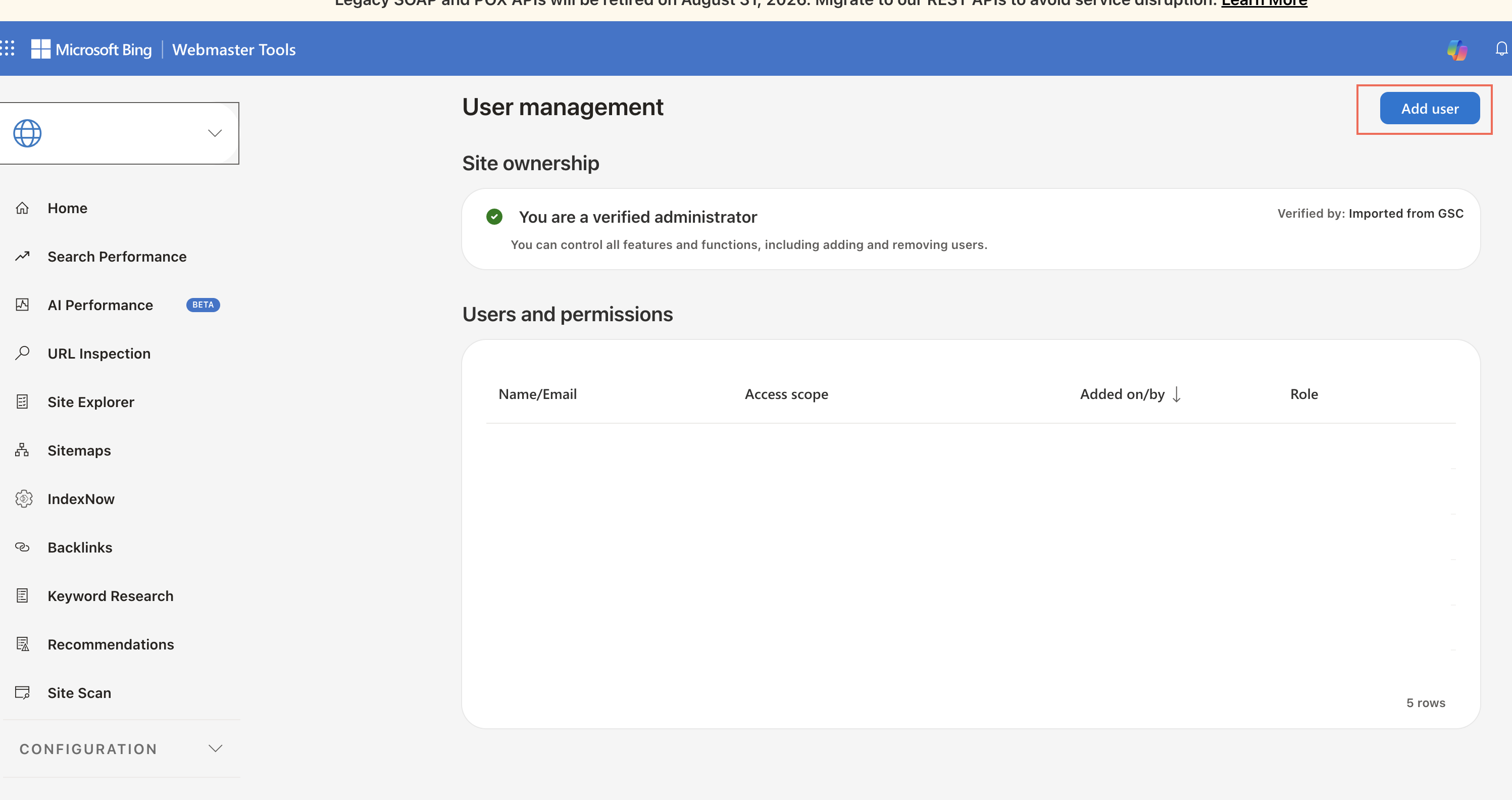 Bing Webmaster Tools Add User dialog.