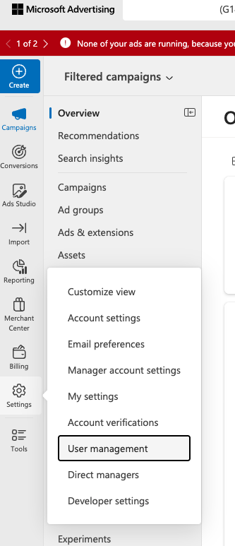 Microsoft Advertising with User management highlighted.