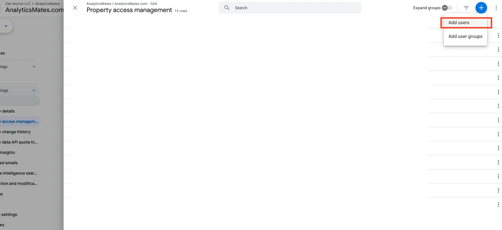 Property access management with the add-user control highlighted.