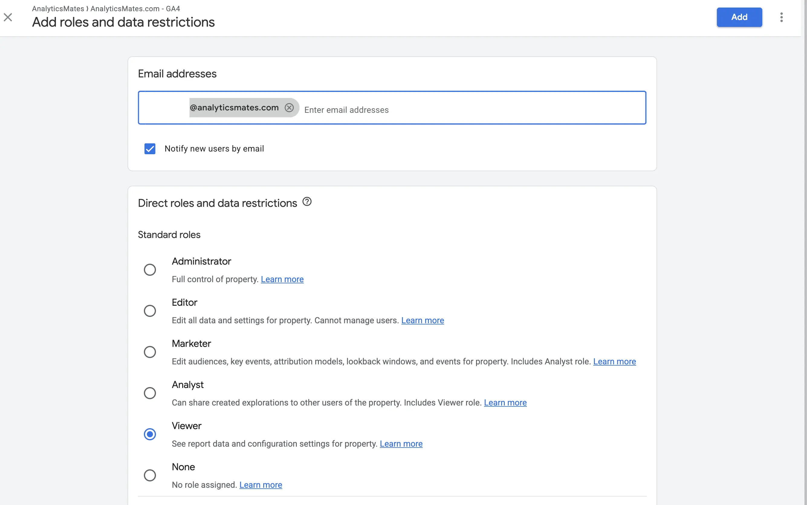 Add roles and data restrictions in GA4, with email addresses and role options.