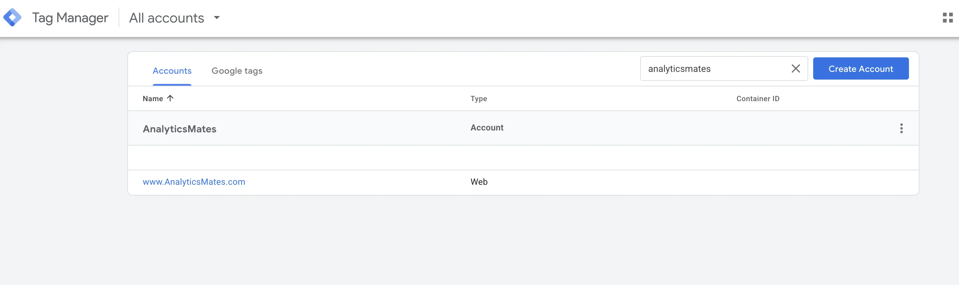 Google Tag Manager account list with the website container selected.