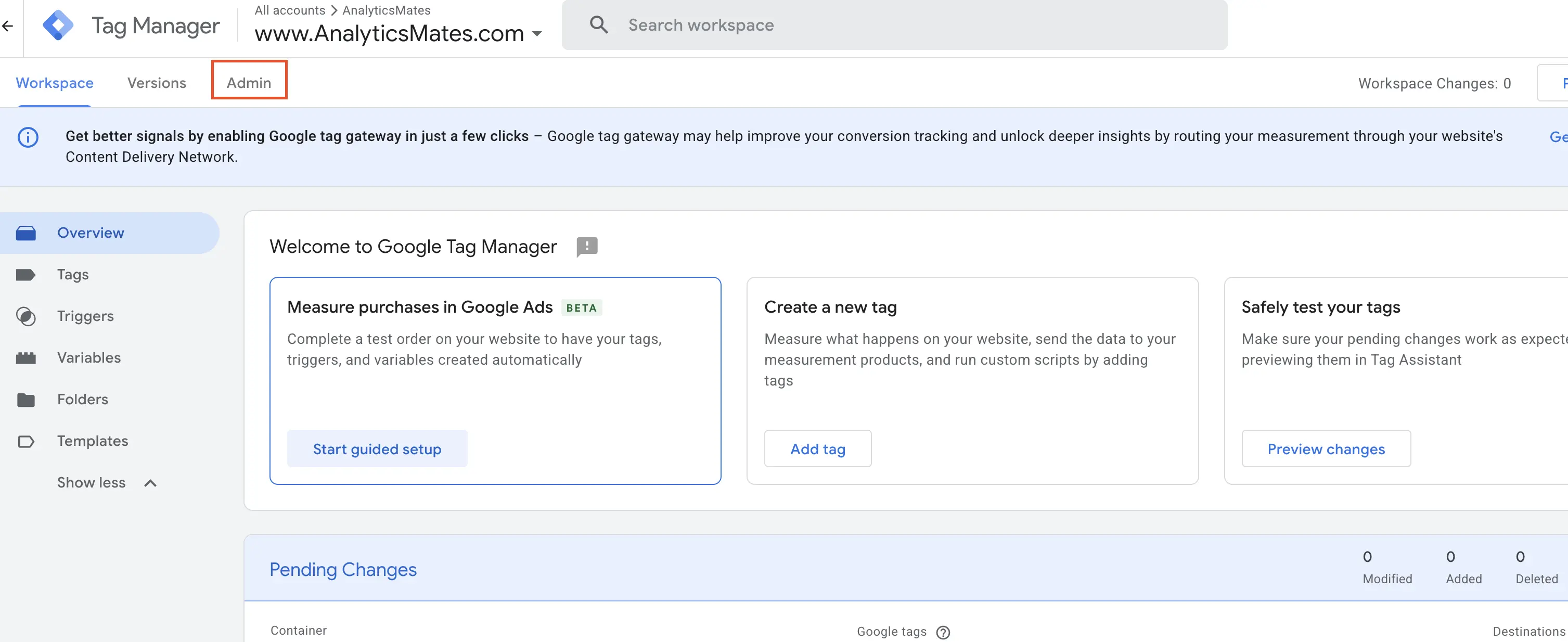 Google Tag Manager with Admin highlighted.