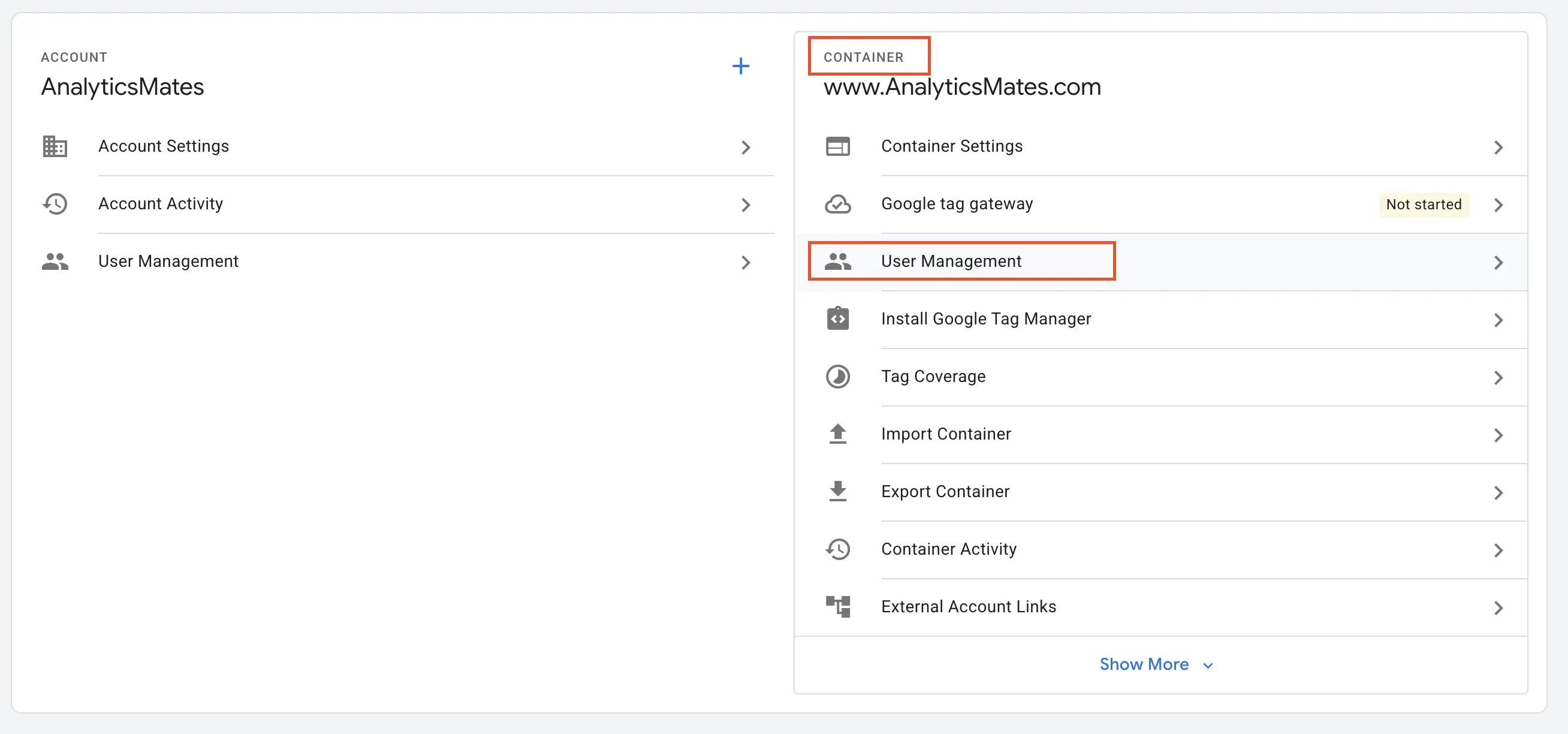 GTM Admin with Container User Management highlighted.