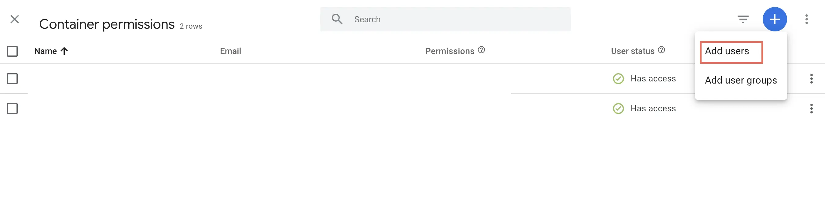 GTM user management with Add users highlighted.