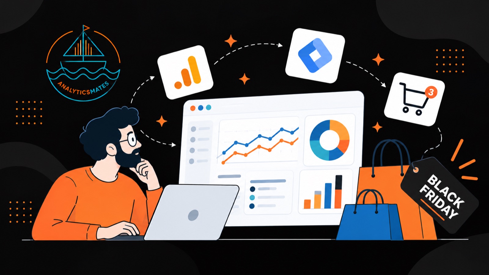 Illustration of a marketer reviewing GA4 charts and Google Tag Manager while Black Friday shopping data moves from analytics to a purchase.