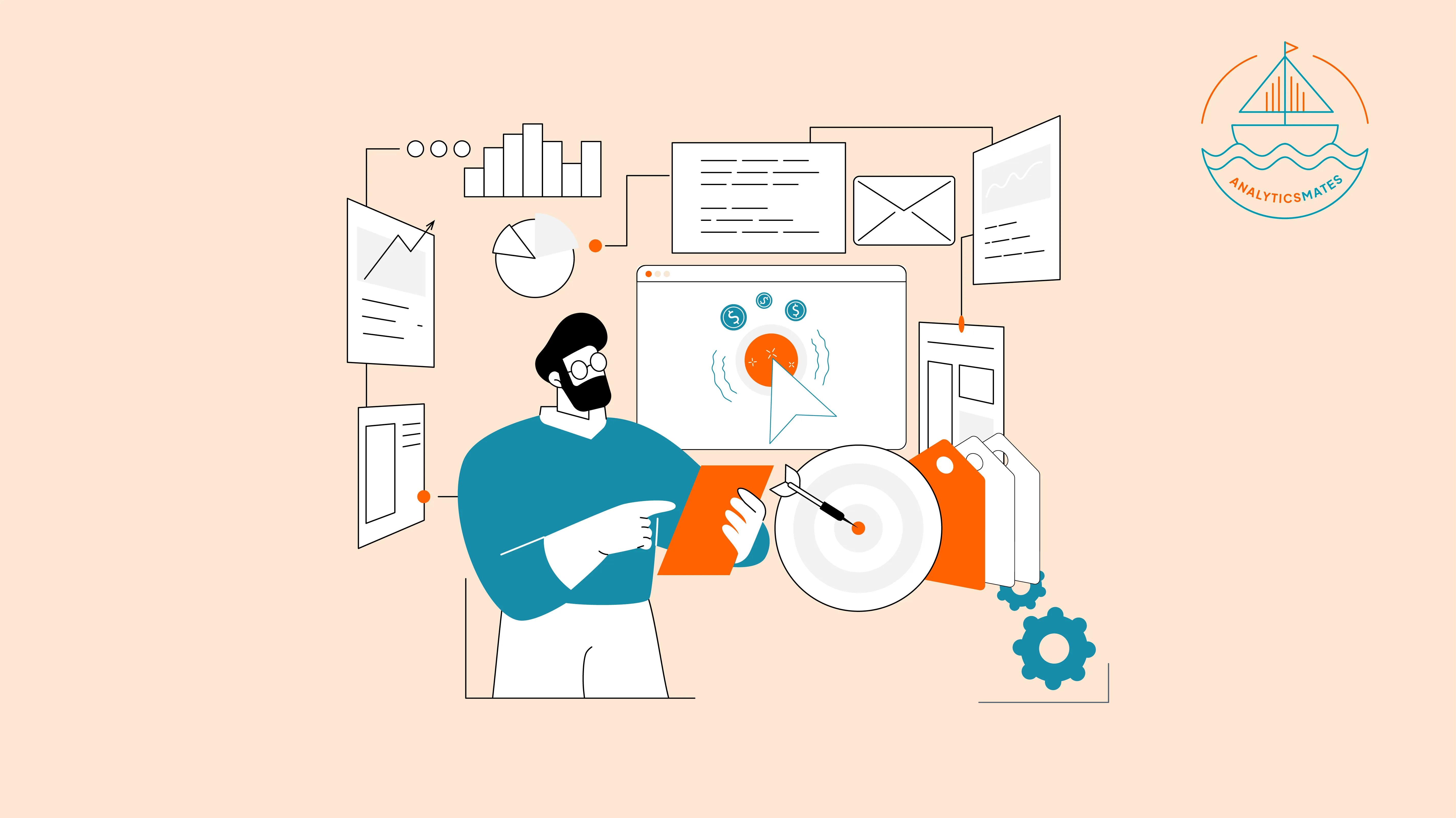Analyst with a clipboard standing in front of charts, a website, a target, and campaign tags — the measurement stack around a conversion.