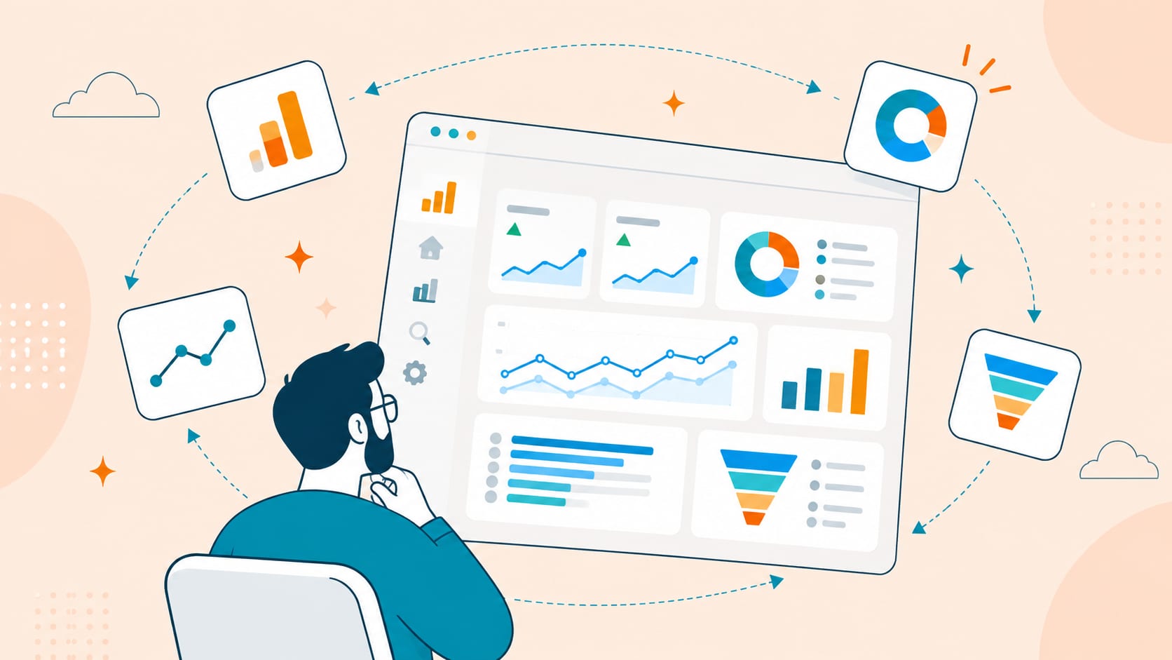 Analyst studying a dashboard surrounded by charts, scorecards, and a funnel — the reporting layer that only works after the measurement underneath is sound.