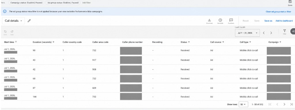 Google Ads Call details report for July 2026, showing duration, area code, received status, and mobile click-to-call as the call type.