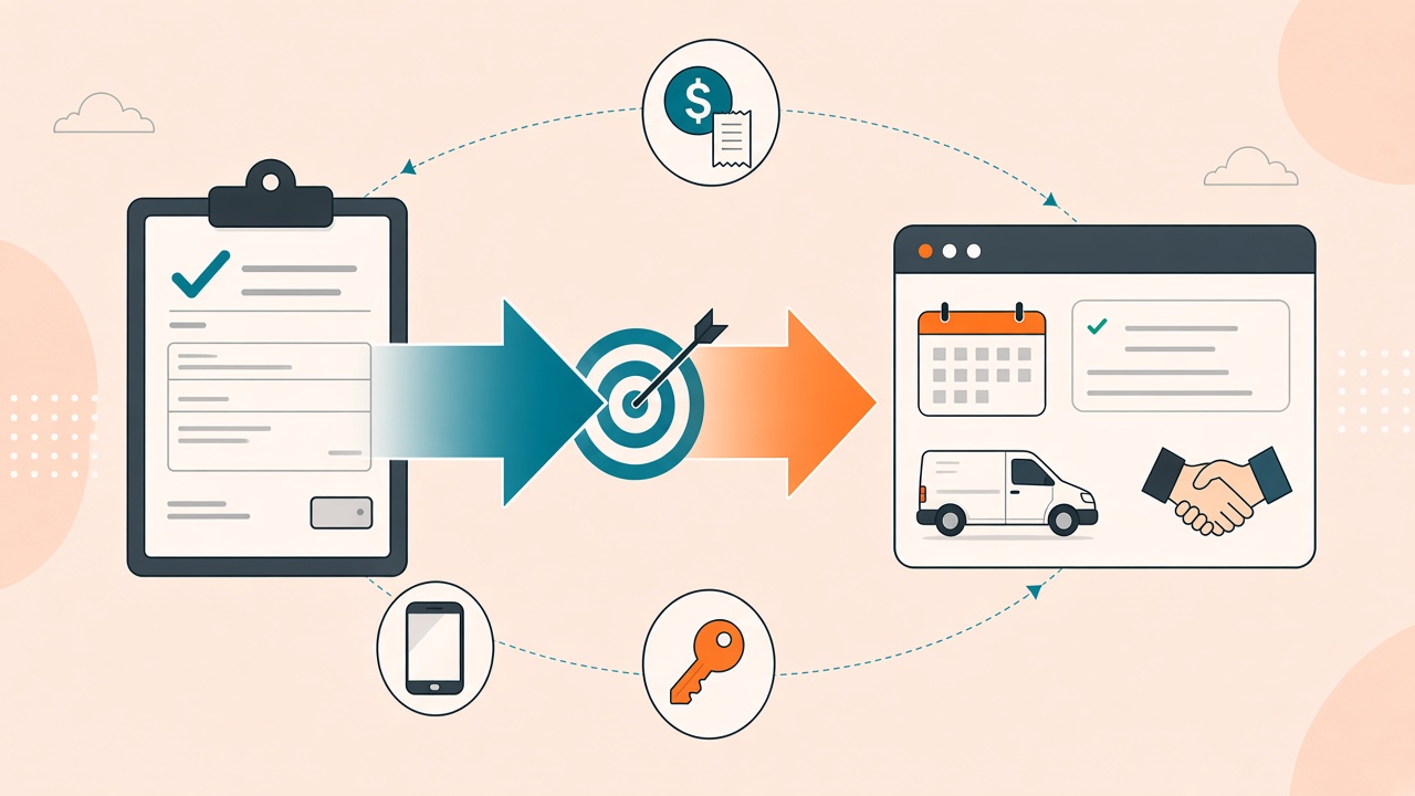 Illustration of a form-fill being targeted for bidding while a booked job in the CRM is imported as the conversion that should train the algorithm.