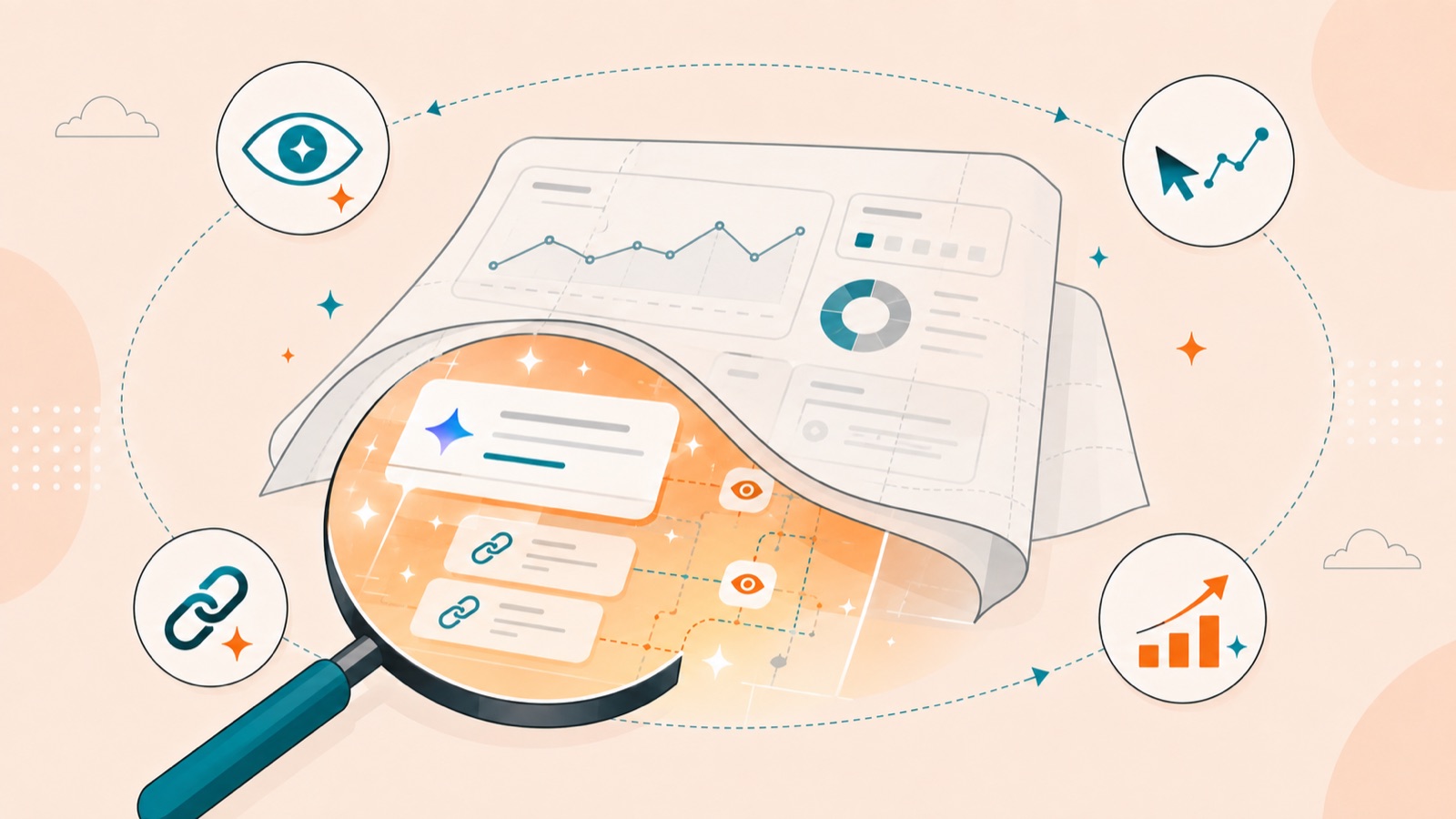 Illustration of Google Search Console generative AI reporting connected to GA4 and other measurement sources.