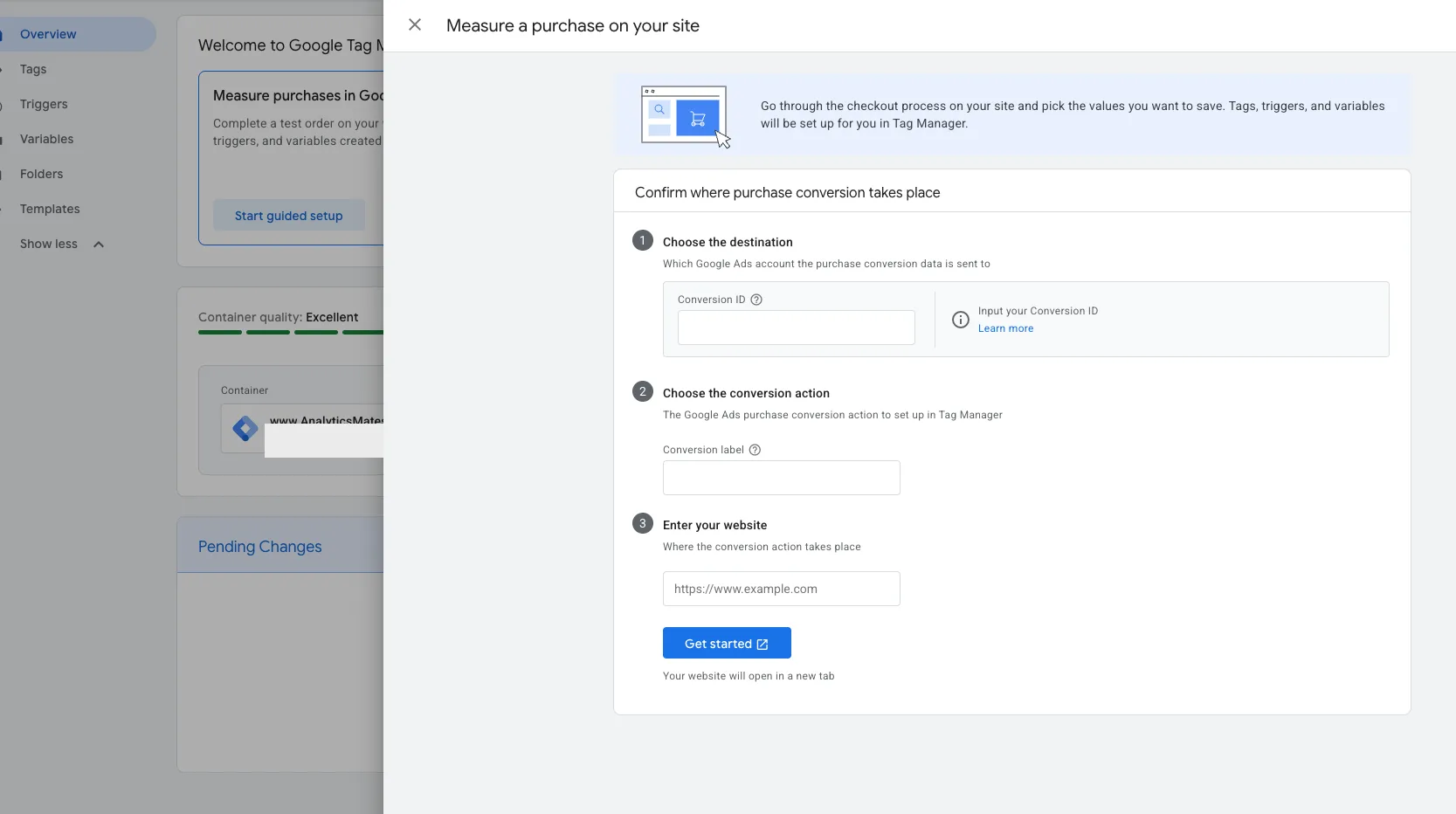 Google Tag Manager dialog titled Measure a purchase on your site. Three steps: choose the Google Ads destination and conversion ID, choose the purchase conversion action, and enter the website URL.