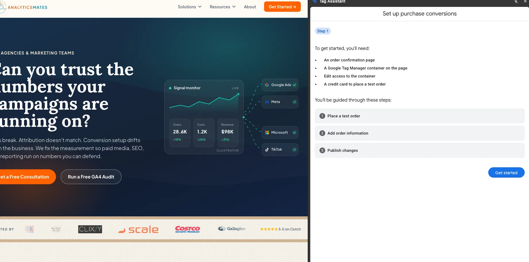 Analytics Mates homepage on the left, Tag Assistant Set up purchase conversions panel on the right. The panel lists an order confirmation page, GTM on the page, edit access, and a credit card for a test order.