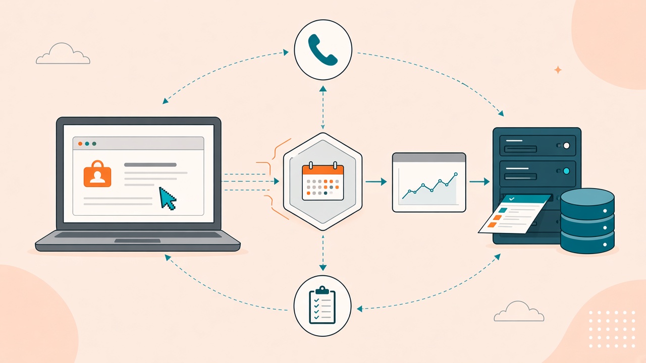 Illustration of a browser Pixel event and a server conversion merging on a shared event ID, with phone, form, and CRM signals around the path.